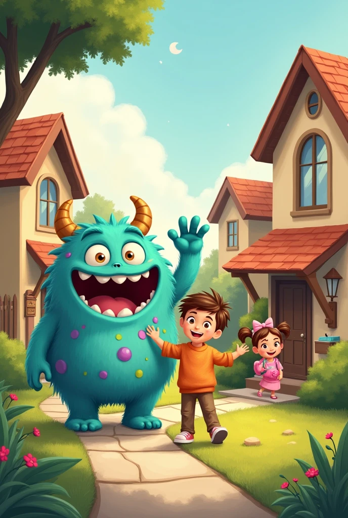 Create an image for story books " The Friendly Monster Next Door"the image size is 7681042