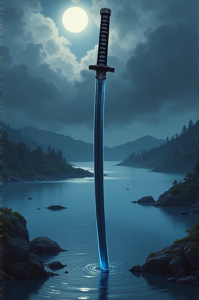 a katana has a midnight blue blade and a black pommel with silver stripes. the background is a lake under a storm drawn in a traditional Japanese style