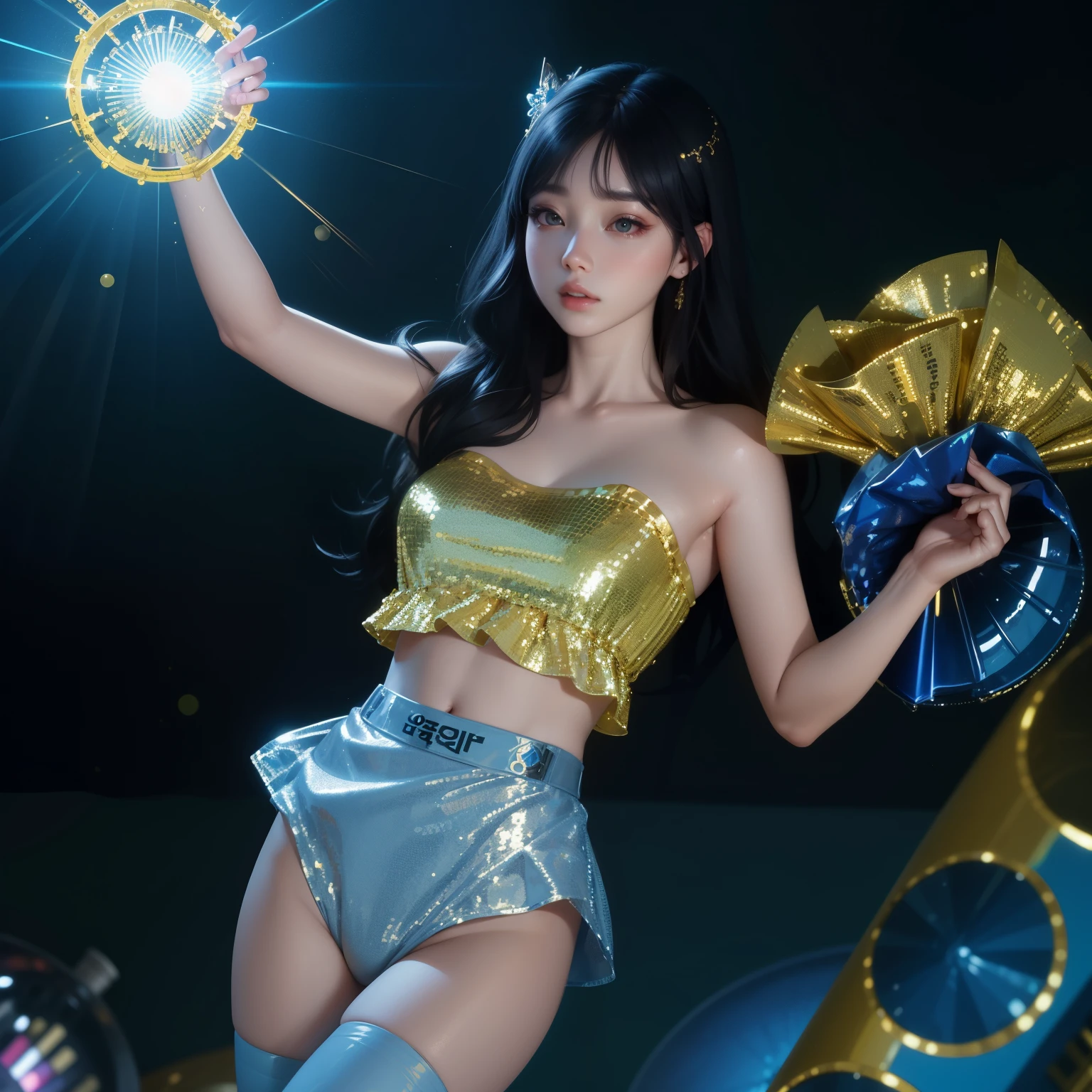 table top,surrealism,32K,Highly Detailed CG Unity 8k Wallpaper, best quality,Gorgeous Korean Girl,((Golden sequin tube top)),((Gorgeous long hair)),Women&#39;s Makeup,open your mouth,(((Wearing light blue latex pleated panties))),In a bright bar,(bottom shot),(cheers),open,A glass of champagne in hand,laugh