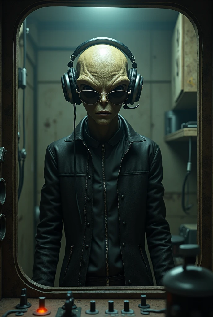 Realistic looking alien with sunglasses and announcer headphones and leather jacket standing in a spooky radio booth ready to transmit