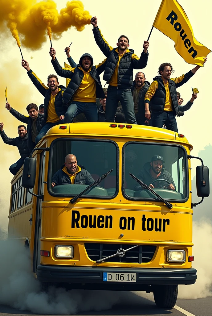 Image cartoons, groupe de supporters homme de style ultras hooligans, dressed in a black and yellow jacket, dans un bus jaune inscrit sur le bus « ROUEN ON TOUR », The supporters are on the roof with yellow and black smoke bombs in their hands and yellow and black &quot;ROUEN&quot; flags in their hands.. Les vitres du bus sont cassées, the bus driver gives the finger 