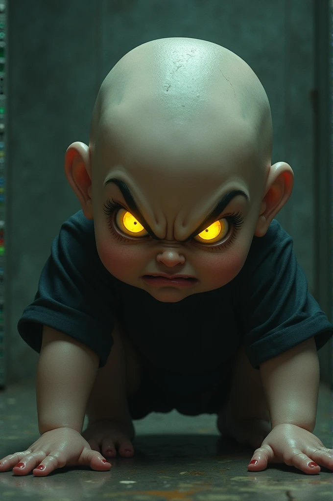 Chubby teenage girl,crouched down,mouse camera angle view, round face,bald , bushy eyebrows,angry, yellow glowing eyes,