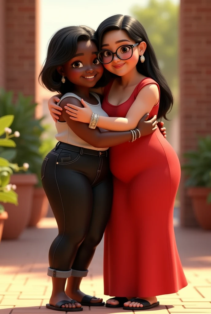 (Photorealism:1.2) disney pixar 3d image, two friends hugging, The first woman, dark-skinned, chubby, short hair to the shoulder, In the black color, White color blouse, jeans preto, flip flop, and watch on the wrist; And the other woman, white-skinned, slim, hair long black, redgown, black sandal, Eyeglasses, pulseira and watch on the wrist