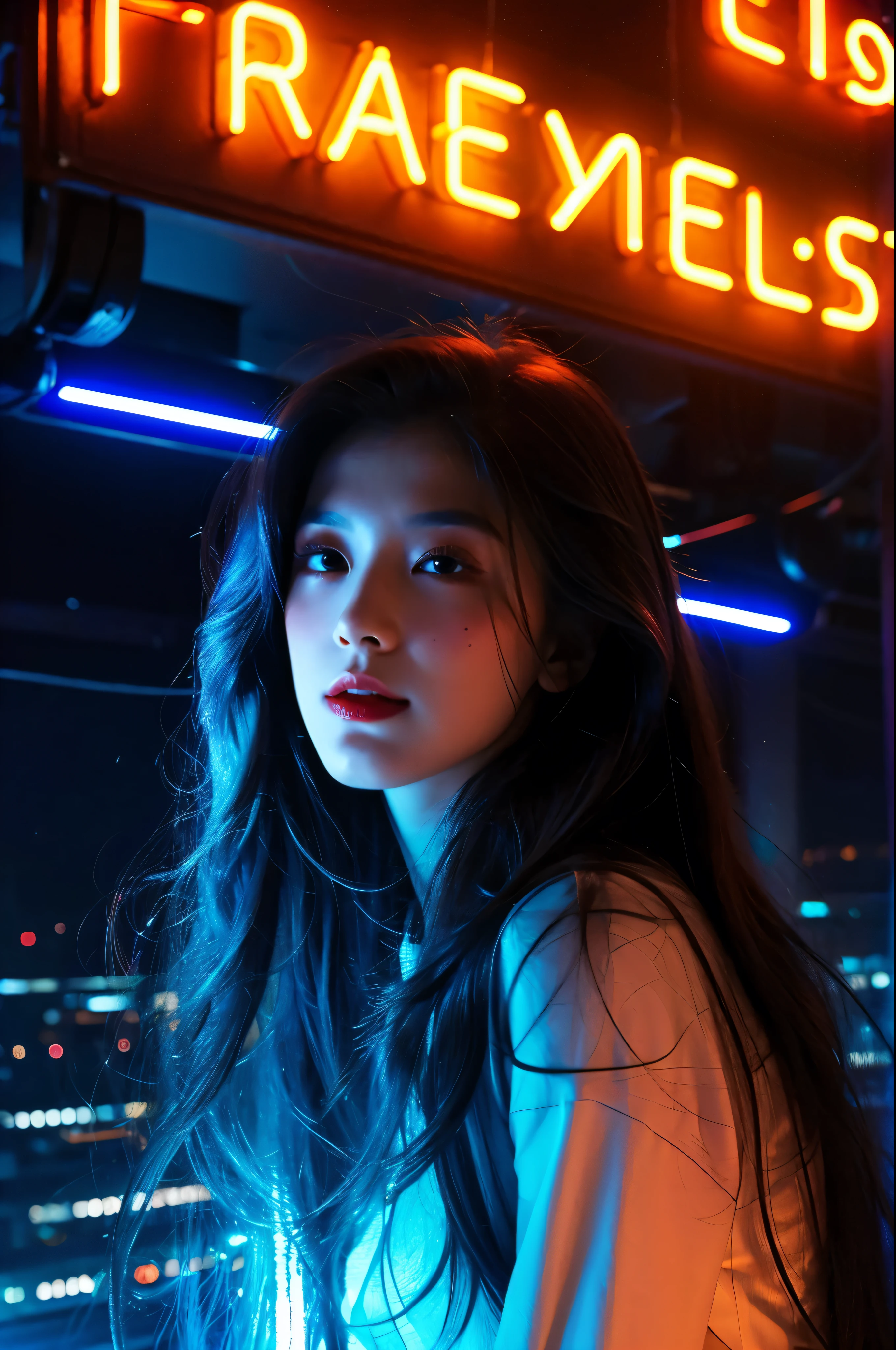 A woman with long hair and neon lights in the background