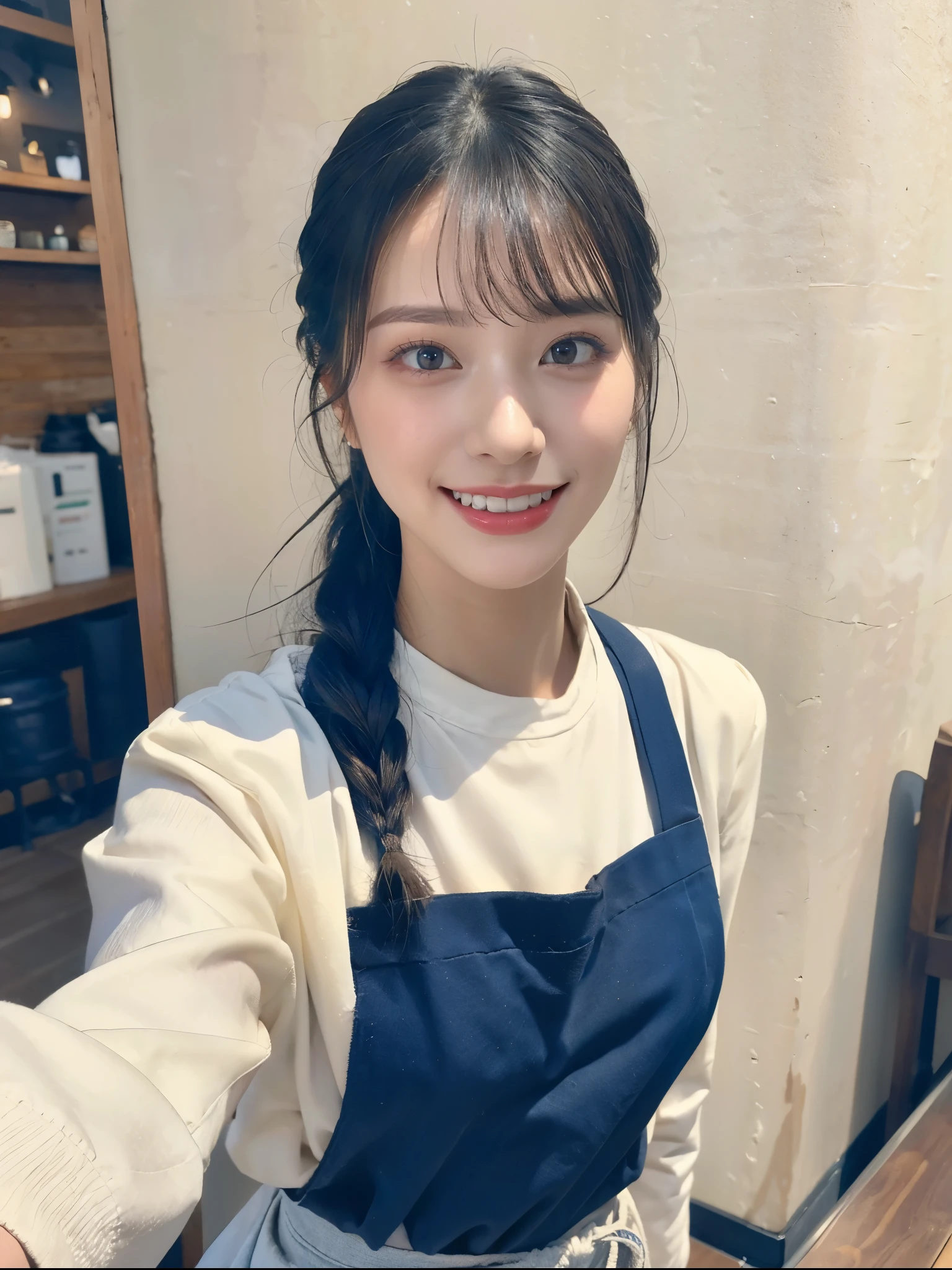 Very detailed、(8k、Highest quality、masterpiece:1.2)、(realism、Realistic:1.37)、Ultra-high resolution、Detailed face、(Highest quality)、(masterpiece)、 Super-Ultra-realistic、high quality、age 23、real Black Hair:1.5、sleek long hair、ponytail、Blunt bangs、swept bangs、double、(double teeth:1.5)、fair skin、squinched eyes、cold eyes、tsurime、smile、refreshing、Natural Makeup、Starbucks、ribbed knit and apron、skinny pants、Mole、Starbucks Employee、looking back、stylish、Height 150cm three size: 82.57.79