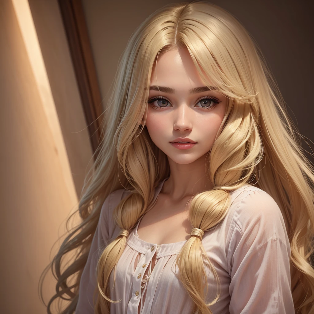 Pretty woman 20 years old, full lips, small nose, small eyes, long hair, straight hair, blonde hair