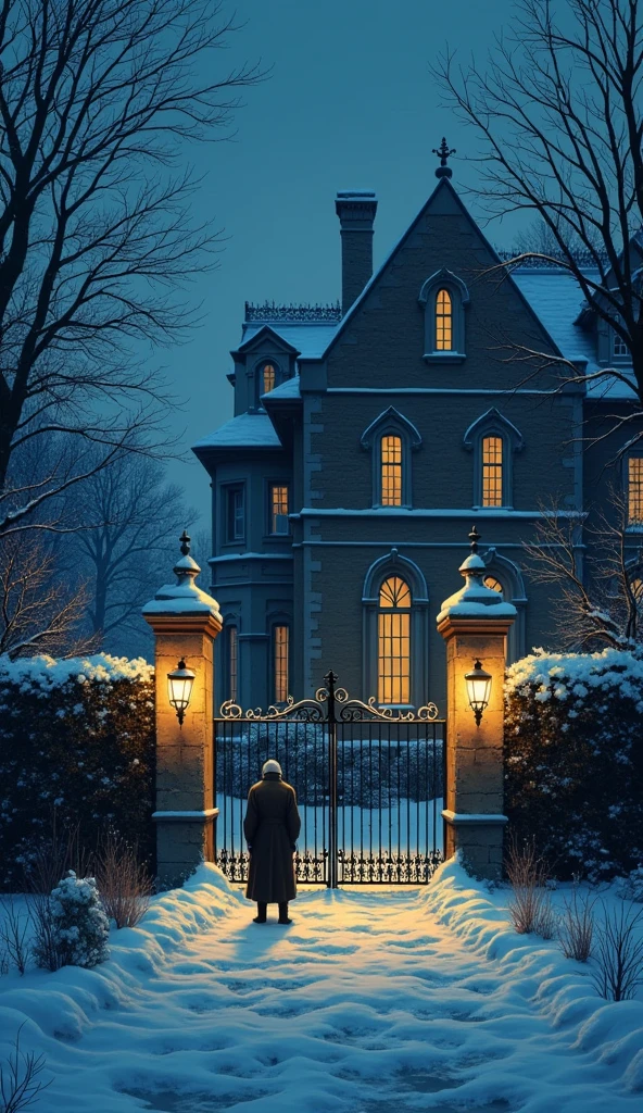 Describe a cold winter night outside a luxurious mansion. Introduce Mr. Harris, a wealthy billionaire, and Mr. John, an elderly poor man shivering near the mansion’s gate.