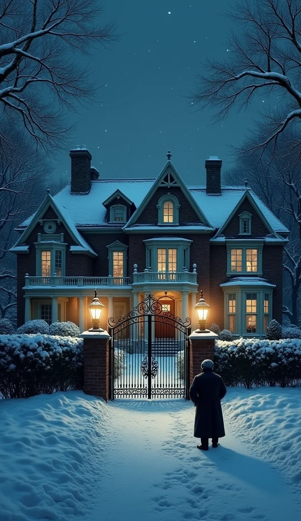 Describe a cold winter night outside a luxurious mansion. Introduce Mr. Harris, a wealthy billionaire, and Mr. John, an elderly poor man shivering near the mansion’s gate.