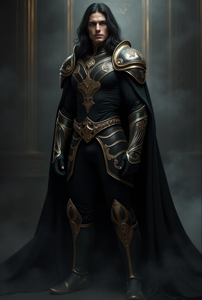 
Tall male in the age range of 25-40, with long, dark and straight hair, and a strong but not "too" muscular physique. Extremely sexy and attractive. Fair skin, athletic-muscular build, and pale or white colored eyes. A black and gold velvet armor, although not very protective, probably expensive-looking, with a permanent and thick black shadow aura surrounding him.