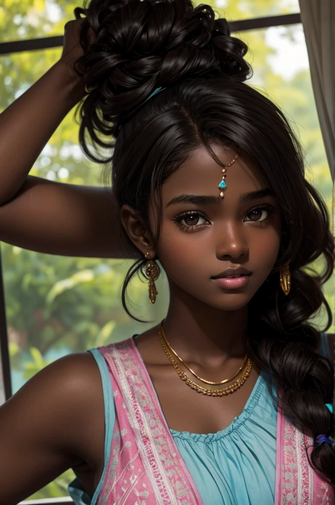 cute hair, chocolate skin, teenager, beautiful face, deep ebony, showing big breasts, SFW, Indian