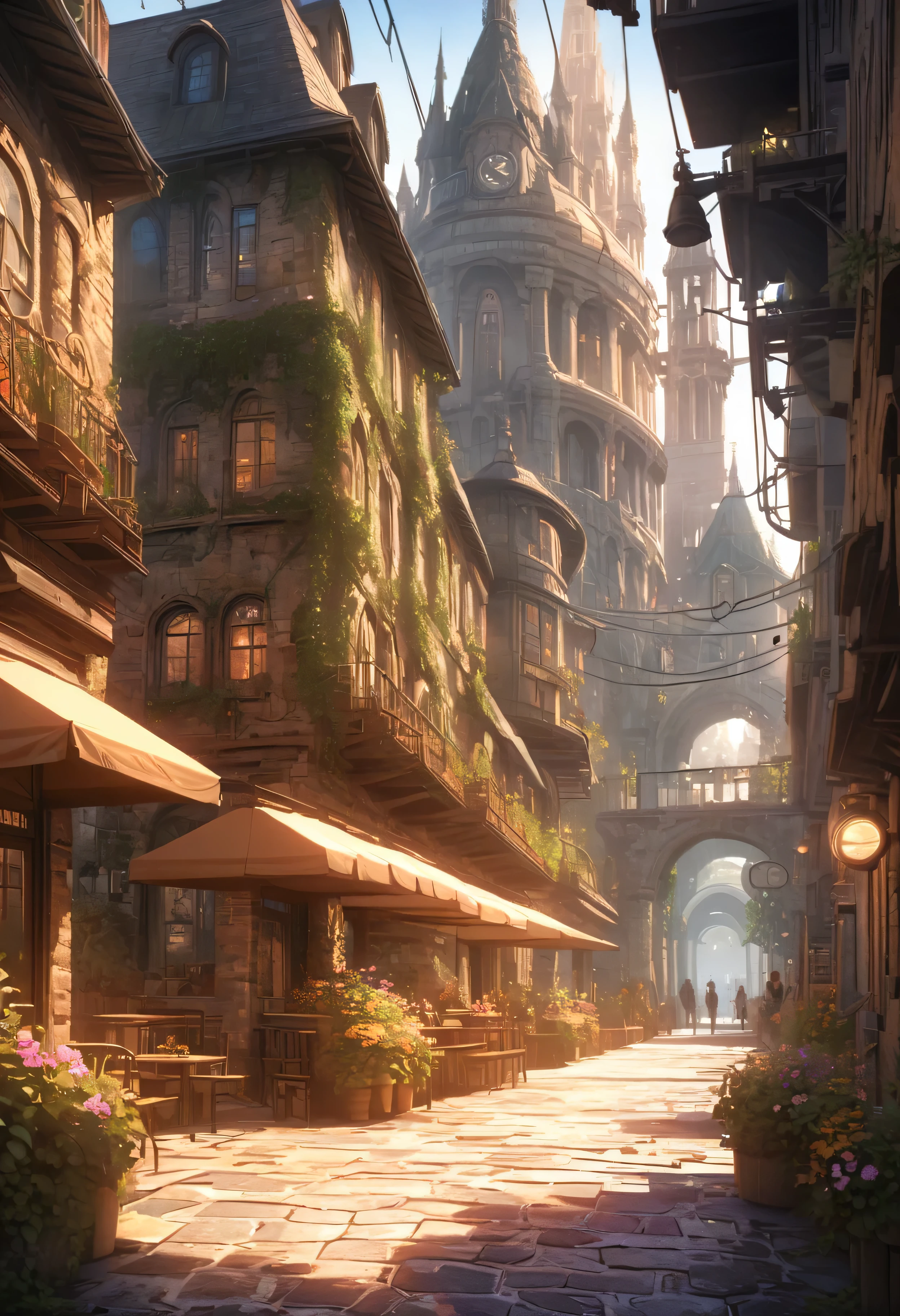 Bustling Station Platform Scene (Summer Morning): "Generate a realistic and stunning station platform landscape, with a blend of architecture and nature. Solarpunk, steampunk, morning light, fog, starry sky, charming clouds, beautiful royal garden plants, flowers, cobblestone pavement, natural stone steps, sunlight shining through dense ancient towering trees on the platform street, and a mysterious (stately) clock tower from the Victorian era. The old stone and wood structure houses and technological lights are particularly charming, reflecting the fusion of cyberpunk and art punk imagery.