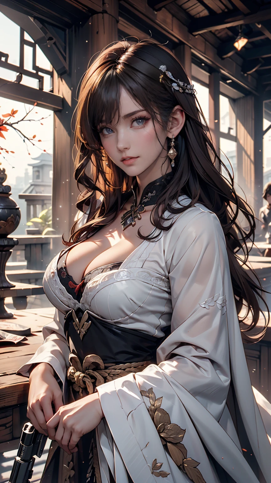 (Highest quality, 8k, masterpiece :1.3), Handsome woman with perfect figure and long hair :1.4, Zhongli, Zhongli, Dark brown hair, Swollen breasts, Genshin Impact, On the Ruins, In the hands of a gun, Highly detailed face and skin, Detailed eyes, double eyelid