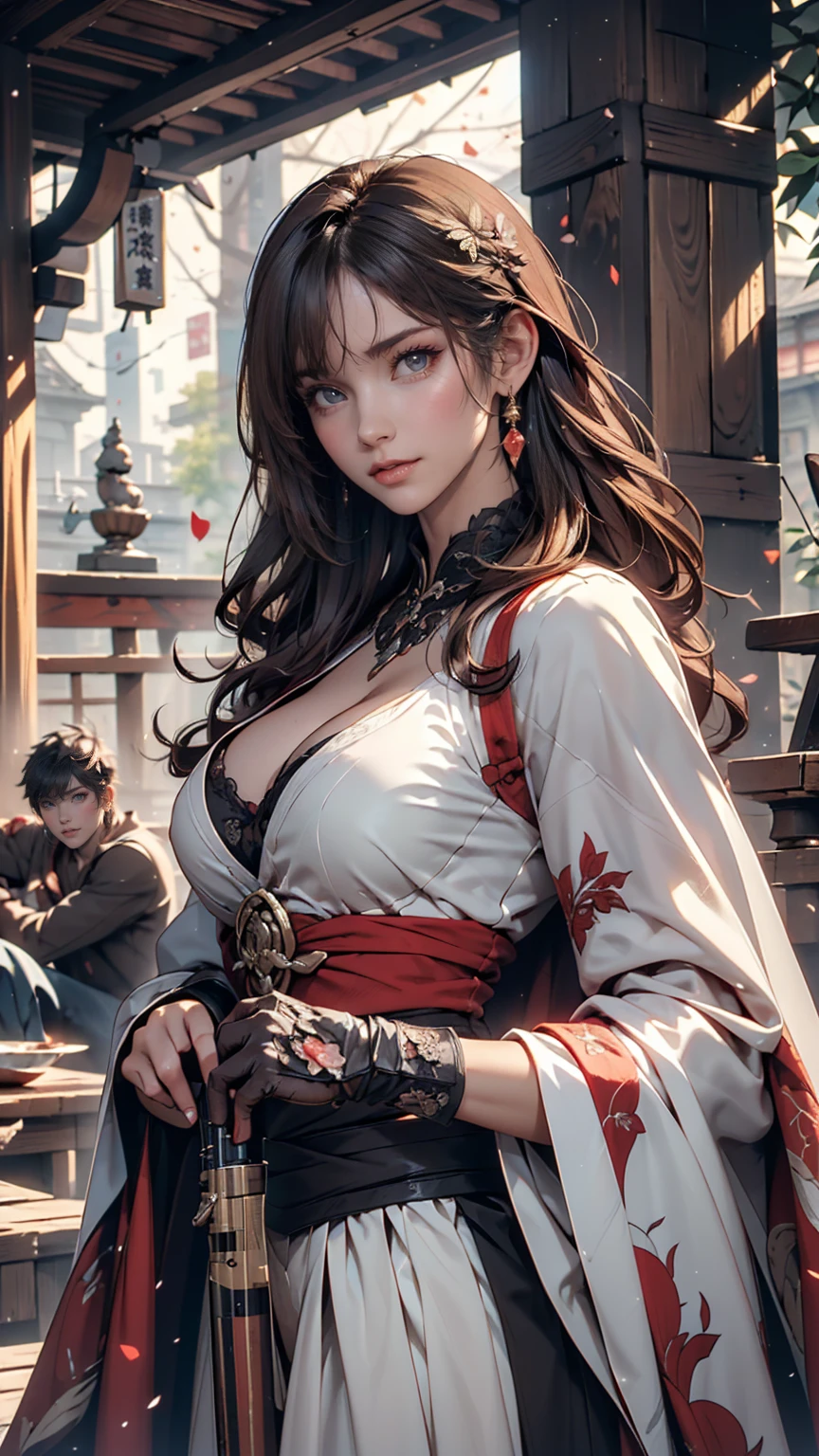 (Highest quality, 8k, masterpiece :1.3), Handsome woman with perfect figure and long hair :1.4, Zhongli, Zhongli, Dark brown hair, Swollen breasts, Genshin Impact, On the Ruins, In the hands of a gun, Highly detailed face and skin, Detailed eyes, double eyelid