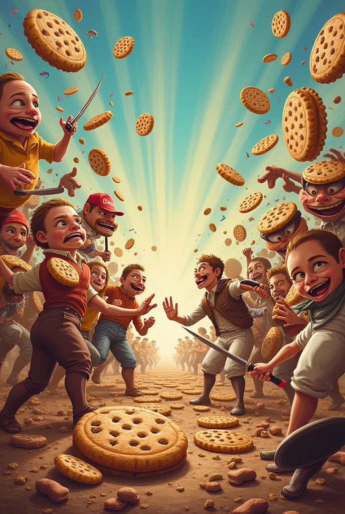 Make a picture of a huge variety of cookies and crackers fighting with each other