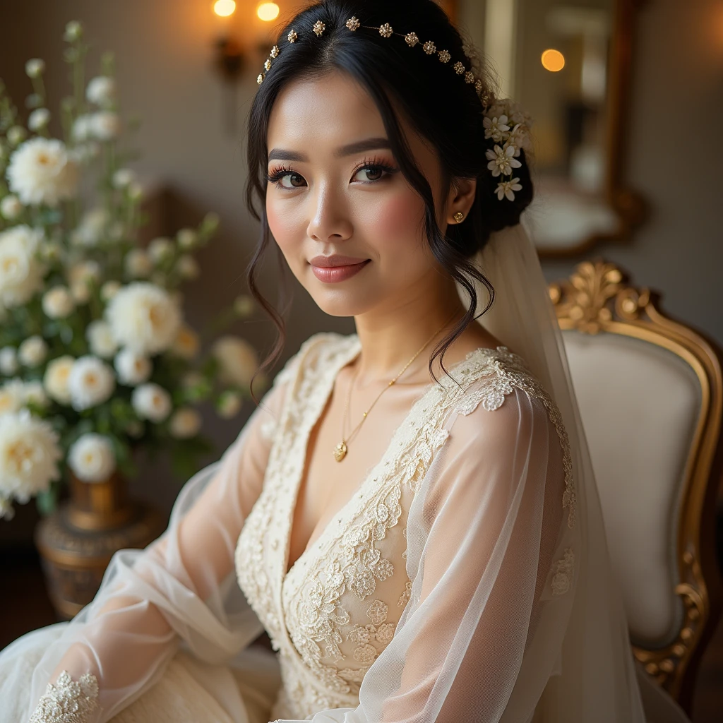 a beautiful indonesian woman, curvacios, wear sheer silk hijab with gold accesories and some Jasmine flower pistil decoration tied lengthwise on left headside. glamour makeup, wear longsleeve intricate lace details white traditional indonesian muslim bride kebaya, sweet calm expression, indoor glamour wedding decoration seat with sunda theme details. look at the viewer, natural light, realistic photography, wide angle shot , detailed facial features,
