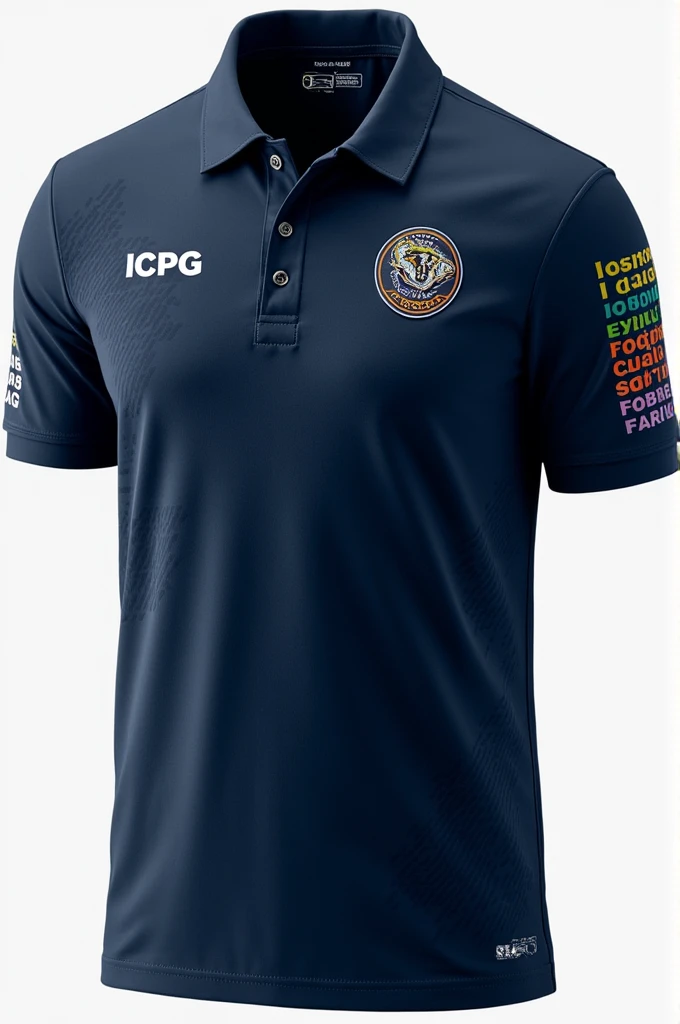 The polo shirt is designed in navy blue with a navy blue pattern and has a logo on the front of the shirt. On the left sleeve, there is the ICPG text in green, orange and red. On the back of the shirt, there is a small text that says “Improved quality of life for farmers” in orange, green and red.