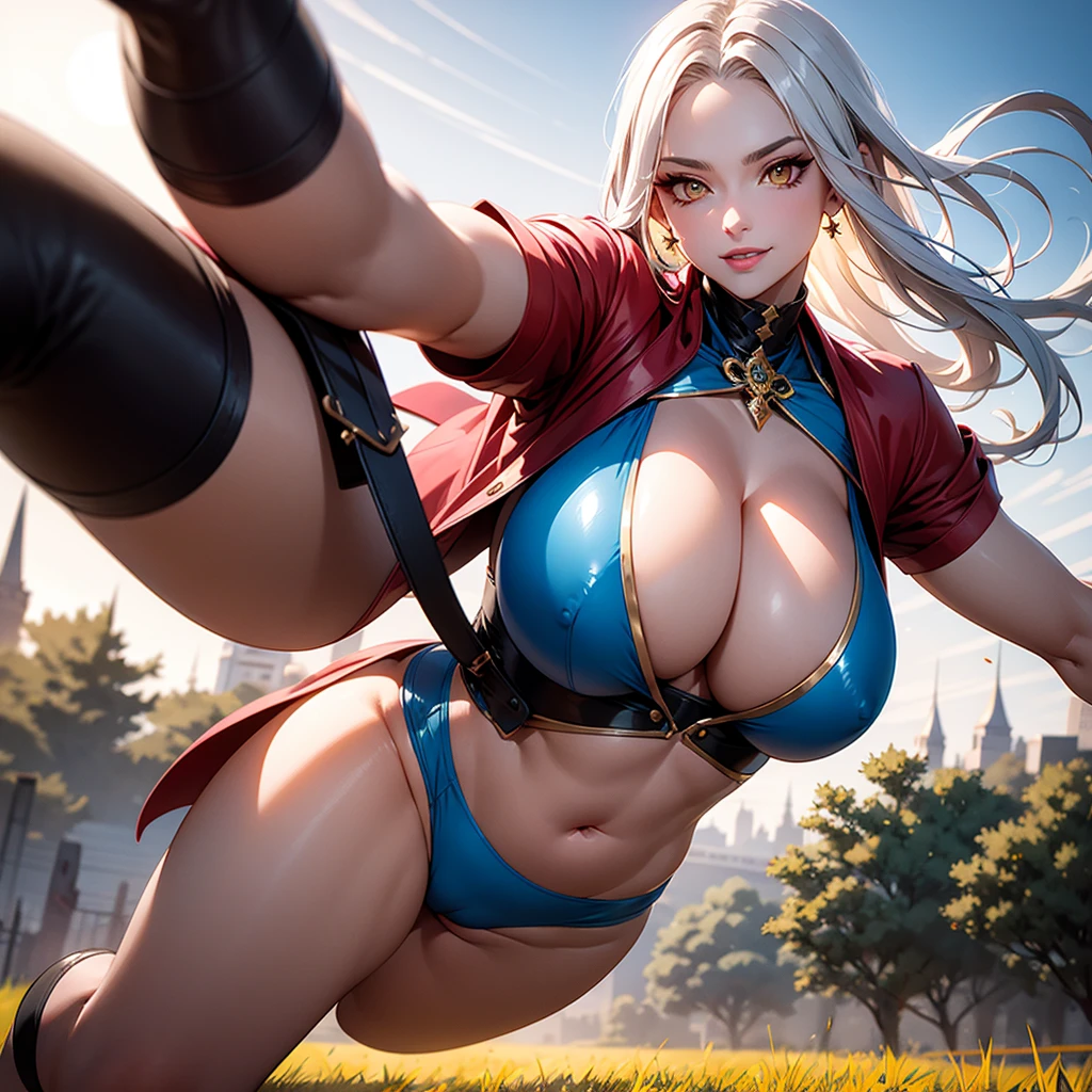((best quality)), (detailed), 1 women big pornstar heavy knight armor, 8k_wallpaper, extremely detailed eyes, (large masterpiece digital art), (intricate details:1.3 ), (ultra-detailed:1.3), (sharp focus:1.3), (natural lighting:1.05), (vivid colors:1.3), (best quality:1.4), expressive eyes, full body, detailed face, beautiful face, perfect face, ((hair sandy white curls)), ((gold horns)), (gold eyes), {{dark skin}}, ({dark skinned female}), (big breasts), huge chest, big wide ass, powerful relief muscles of the abdomen and legs, powerful strong muscles of the arms, belly piercing with blue emeralds, cruel predatory and cold-blooded arrogant look and smile, an open red coat with rolled up sleeves, a translucent blue crop top very clear outlines of huge pointed nipples with large piercings under the fabric, steel combat pauldrons, steel bracers and leather gloves, leather shorts under which I can see the clear outlines of a big vagina, she sits behind the wheel and drives an SUV through a purple wheat field against the backdrop of a blue forest and a red sun, in the style of cyberpunk and post-apocalypse,