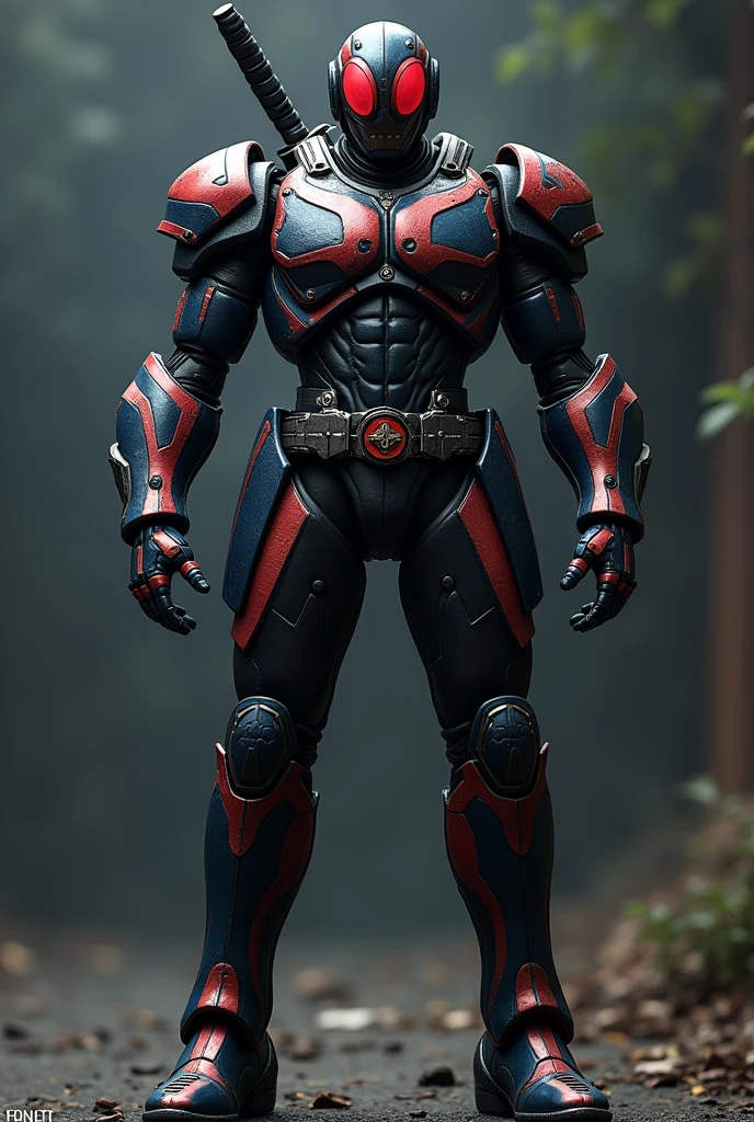 Realistic kamen rider in real life with full body armor. Full coated body armor. Colour red stripe, blue stripe and mainly black. No belt. And a sword on the back.