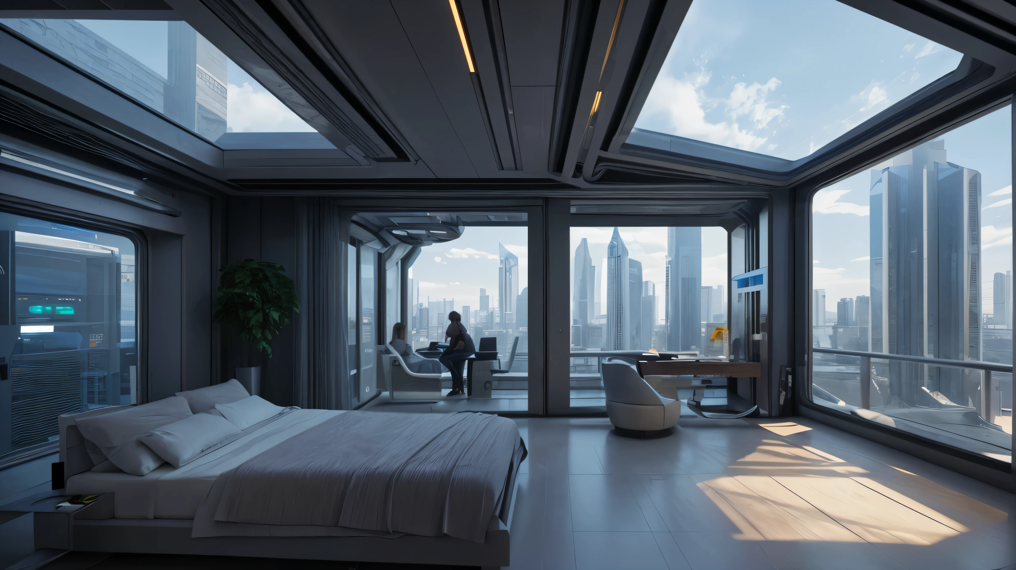 scifi, futuristic home, architectual, space design, cyberpunk, futuristic, hightech, hard-surface design, daylight, much tech, much electronic, very cozy, ambient light, realistic view, wide angle, year 2124
