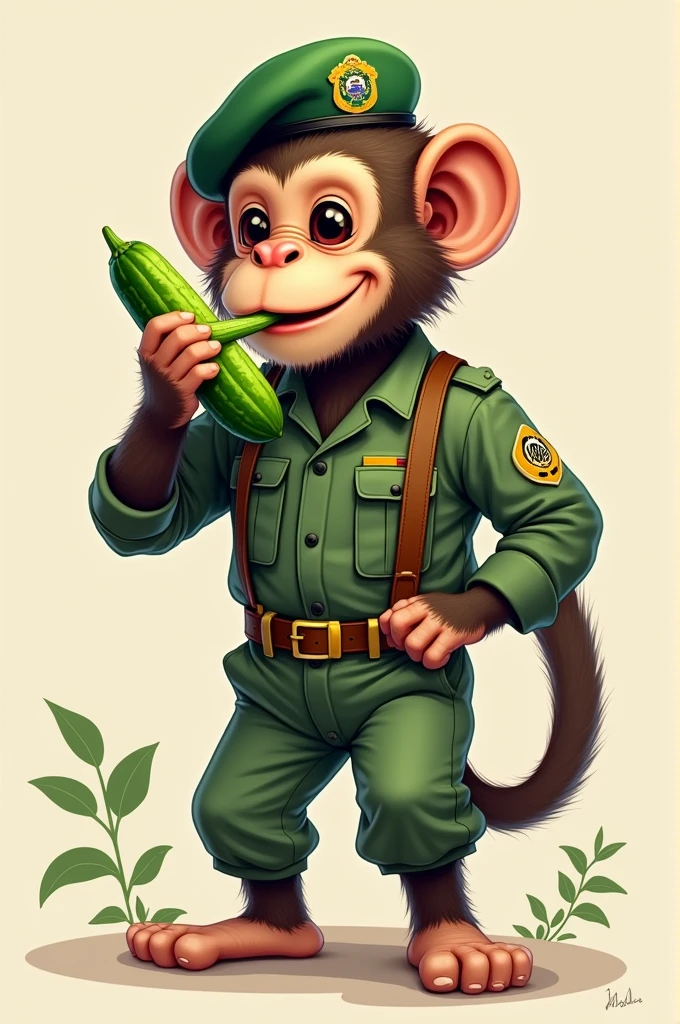 Monkey in Brazilian army uniform with suspender belt eating cucumber