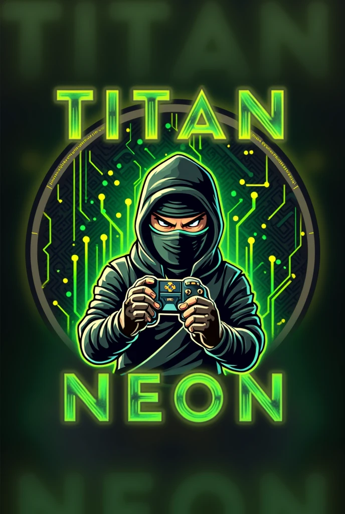 Text: The name "TITAN NEON" is prominently featured in a futuristic font. The text is rendered in a striking golden color, giving it a high-tech, premium appearance.
Avatar: Incorporate a ninja anime avatar that exudes a sense of agility and coolness. The ninja should be detailed, with sleek lines and a dynamic pose to convey action and excitement.
Controller Icon: Include a stylized controller icon in the design. This icon should be modern and sleek, seamlessly integrated into the overall composition to enhance the gaming theme.
Background: The background features an abstract logo or graphic element that complements the futuristic and high-energy feel of the design. This could be something like a glowing circuit pattern or a dynamic geometric shape to add depth and visual interest.
Overall Design: Ensure the logo is attractive and eye-catching with a bold and vibrant color scheme that resonates with gaming enthusiasts. The design should be versatile enough to look great on various mediums, including mobile screens in 8k resolution.