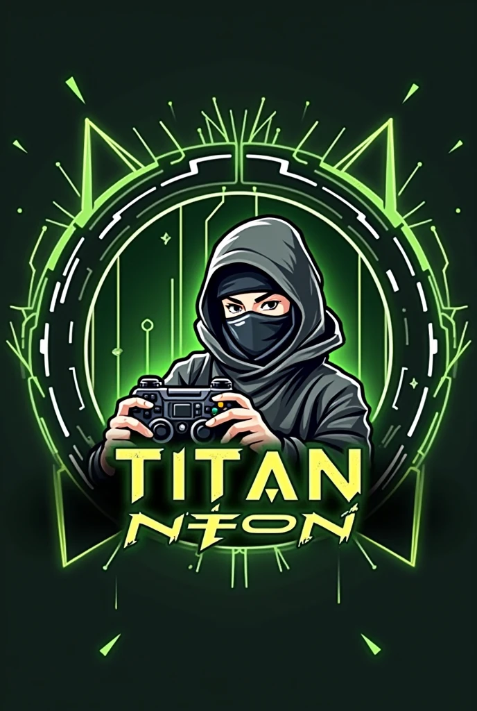 Text: The name "TITAN NEON" is prominently featured in a futuristic font. The text is rendered in a striking golden color, giving it a high-tech, premium appearance.
Avatar: Incorporate a ninja anime avatar that exudes a sense of agility and coolness. The ninja should be detailed, with sleek lines and a dynamic pose to convey action and excitement.
Controller Icon: Include a stylized controller icon in the design. This icon should be modern and sleek, seamlessly integrated into the overall composition to enhance the gaming theme.
Background: The background features an abstract logo or graphic element that complements the futuristic and high-energy feel of the design. This could be something like a glowing circuit pattern or a dynamic geometric shape to add depth and visual interest.
Overall Design: Ensure the logo is attractive and eye-catching with a bold and vibrant color scheme that resonates with gaming enthusiasts. The design should be versatile enough to look great on various mediums, including mobile screens in 8k resolution.