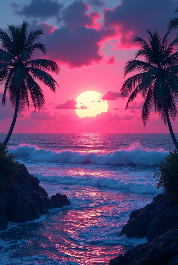 wallpaper. sunset. sea. palmtrees. wawes. japan. cyberpunk
