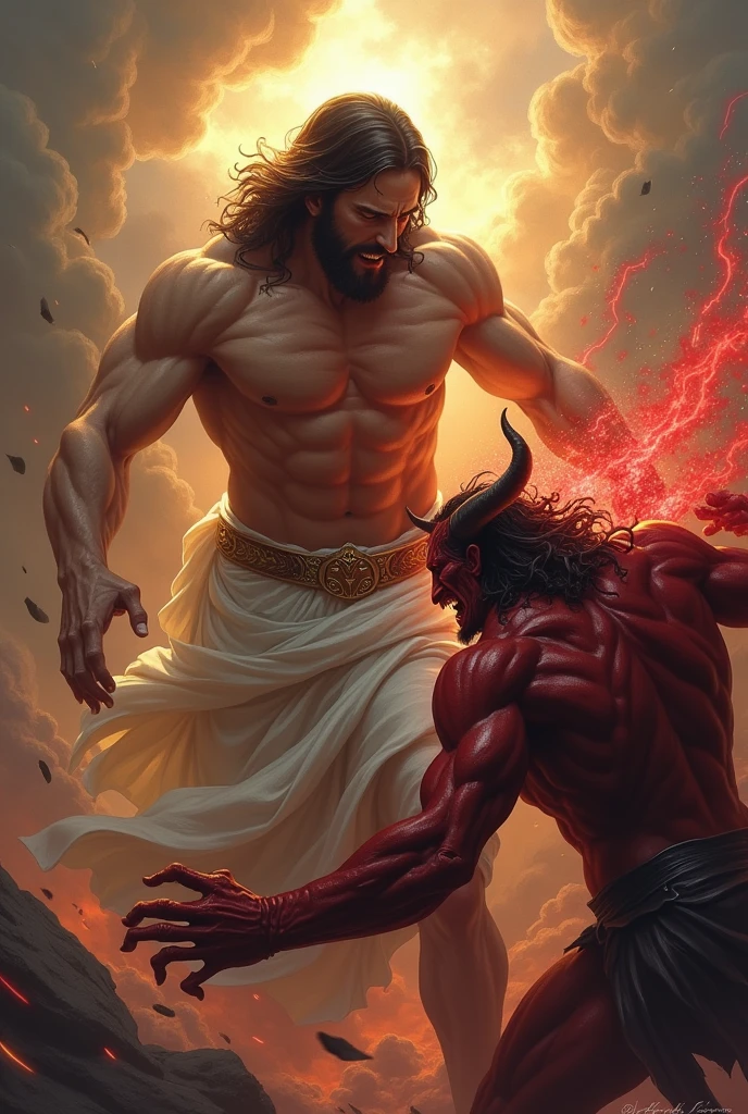 generates busty and muscular jesus fighting the devil