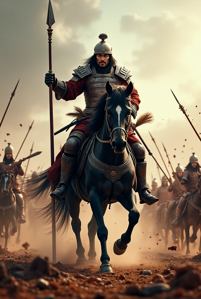中国古代warrior\(On his shoulder he carried a long iron spear, 美丽的warrior头盔, warrior盔甲, warrior护腿, warrior护臂, Carry a bow and arrow on your back, And a lot of blood,whole body\) Ride the strong black horse into battle, He was surrounded by heavy gunfire., And the dense rain of enemy arrows, in front of him, The enemy is numerous\(warrior\), Battle scene shot from the front,The photo is very rough,Front view, landscape, Dynamic Angle, Dynamic poses, Dynamic action movie,