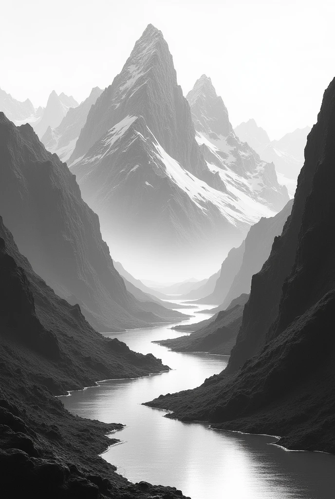 Painting of a mountain scene with a river and a mountain range, black and white