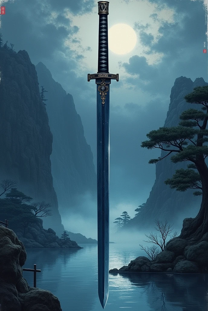 a mythical and precious katana has a midnight blue blade and a black pommel with silver stripes. the background is a lake under a storm drawn in a traditional Japanese style