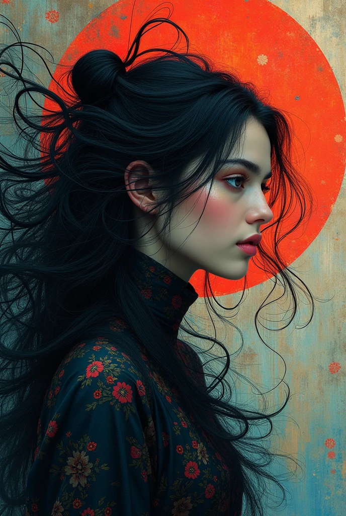 (masterpiece), (4k), (Fujifilm), (canon camera), (16k), Visually captivating artwork, with the pRIMITIVE AND ANCIENT use of color, composition, and light. Innovative artwork, showcasing unique and imaginative concepts. (A lot of hair wrapped around the woman), (WOMEN) Emotionally resonant artwork, effectively conveying a narrative. Momentum-aligned artwork, reflecting a sense of movement and progress. Skillfully crafted artwork, demonstrating meticulous detail and technique, PERSIAN BLUE, PERSIAN RED, PERSIAN MINIATURE, and IRANIAN PAINTING, folk ancient dramatic portrait of a woman.