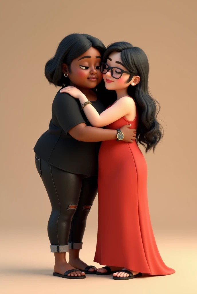 (Photorealism:1.2) disney pixar 3d image, two friends hugging, The first woman, dark-skinned, chubby stature, short hair to the shoulder, In the black color, White color blouse, jeans preto, flip flop, and watch on the wrist; And the other woman, white-skinned, slender stature, hair long black, redgown, black sandal, Eyeglasses, pulseira and watch on the wrist