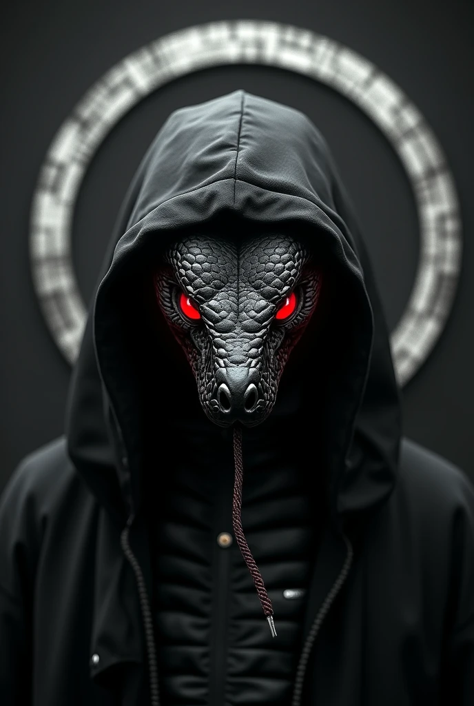 a black mamba with red eyes in the shape of the hacker group anonymous, hyper realistic, highly detailed, 8k, photorealistic, intricate details, dynamic pose, dramatic lighting, dark and gritty atmosphere, muted color palette, moody and sinister, striking and imposing, masterpiece. a background greek style circle in black and white lines