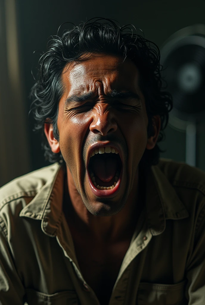 A fan turned off in a hot room, with Ricardo Arjona sweating and struggling to breathe, symbolizing the lack of relief and hope.