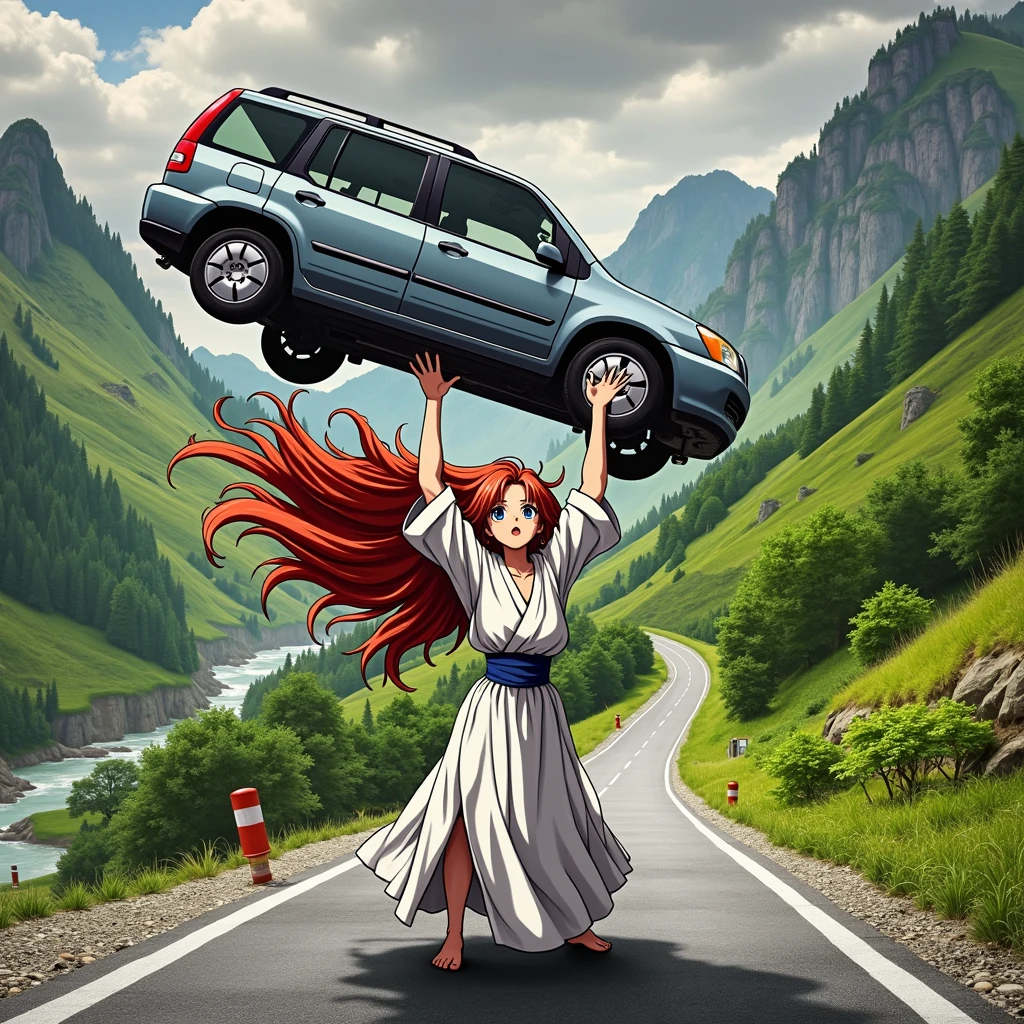 Japanese Manga,Hayao Miyazaki,Background mountain road,Red long hair,White robe,girl,Exaggerated expression,Holding a car in one hand