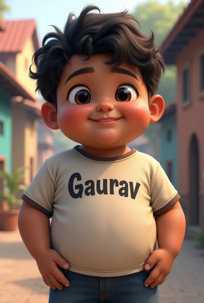 chubby boy with dark colour skin wearing a t-shirt on which "gaurav" is written