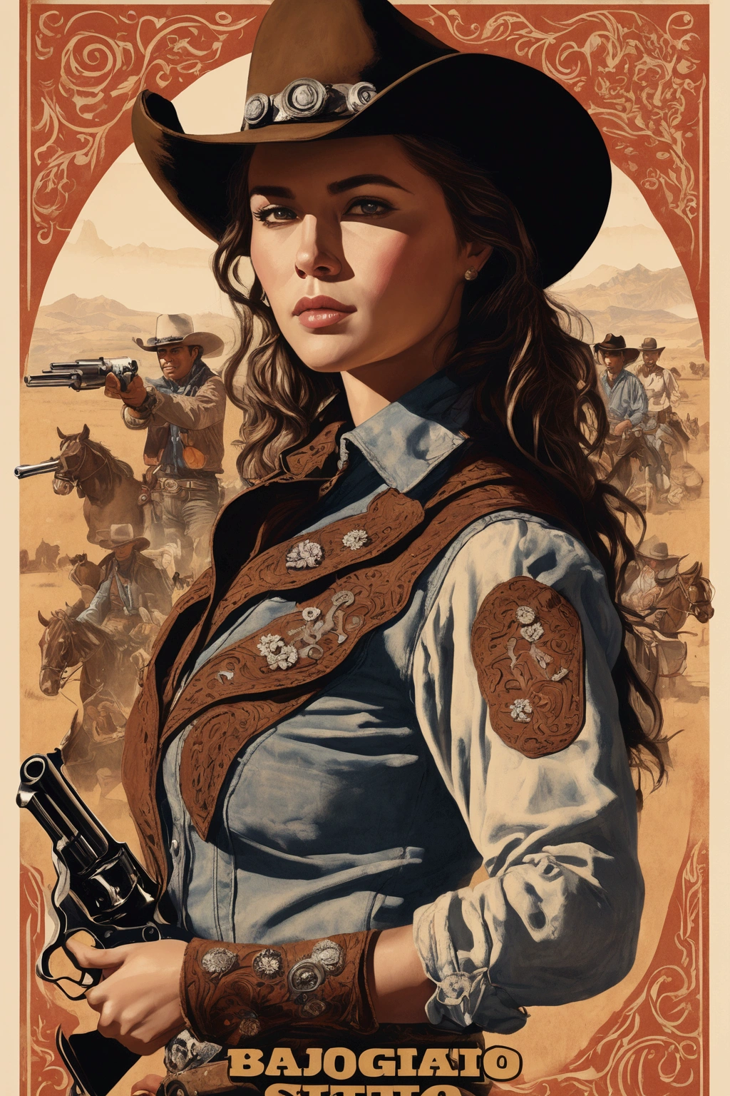 A poster, western movie poster, a cowgirl with guns and gears, with the words "Bajo Sitio" written on it.