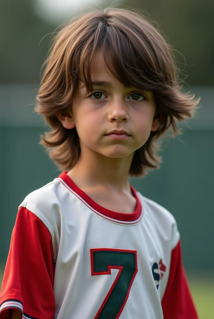 Long haired age boy with a jersey number 7