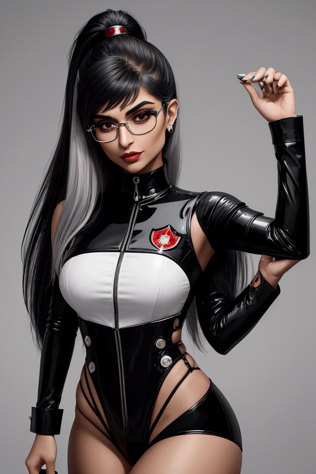 Design a UHD, 3D emblem featuring a stylized representation of Mia Khalifa. The emblem should capture her distinctive features with a modern, refined aesthetic. Focus on her signature glasses, sharp eyebrows, and confident expression. The emblem is circular, with a polished, metallic finish, giving it a sleek and contemporary look. Mia's initials "MK" are integrated seamlessly into the design, possibly as part of the border or subtly embedded within the emblem. The color palette should include shades of silver, black, and deep red, reflecting her bold and unapologetic style. The overall design is striking, elegant, and instantly recognizable, creating an emblem that represents her strong, unique brand.