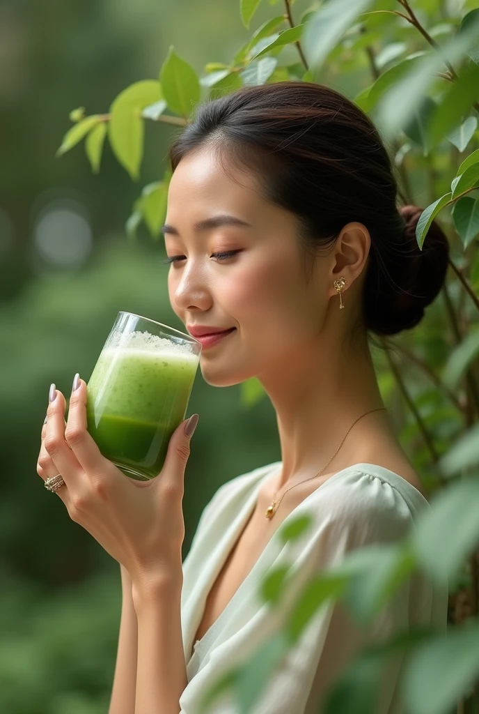 Beautiful woman drinking moringa