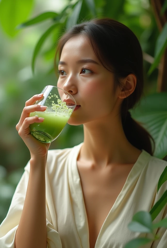 Beautiful woman drinking moringa 