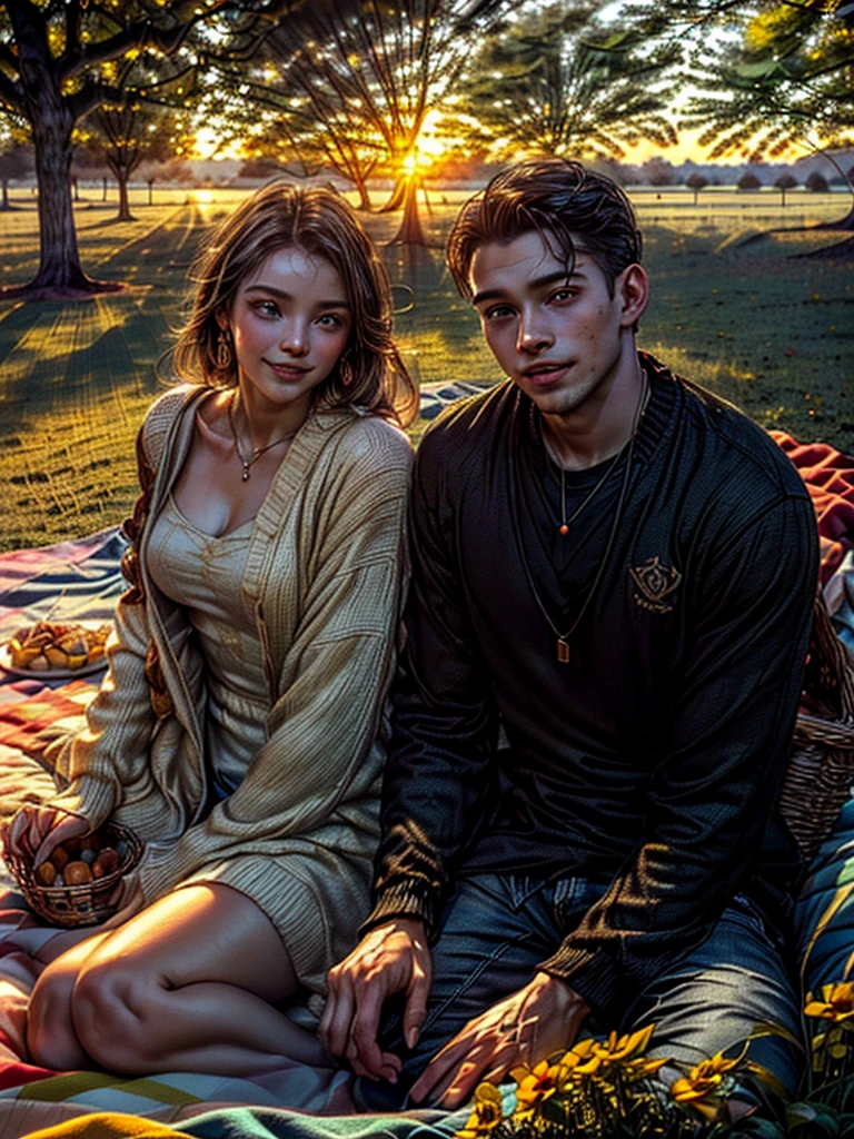 (((two young people, 1 man and 1 woman, heterosexual:1.5)), ((beautiful and happy, picnic, 1 basket with food and drinks on the floor, The young couple sitting on a beautiful and colorful blanket on the grass: 1.5 ))), (hyperdetailed: 1.3), ((country hat style casual clothing, hair ornaments, Complete plan: 1.5)), ((Hermosa mujer con cabello brillante y estilo hyperdetailed: 1.3)), ((sunset background a beautiful landscape behind: 1.3 )))((dream atmosphere, soft and magical light:1.3)), ((Imaginative scene light particles falling from dreamy sky)), ((Meticulously detailed perfect faces and bodies:1.3)), ((plano general: 1.4 ) ) ,((Best Quality) ), ((masterpiece)), 3D, , (((Sunset:1.2))), (photorealistic :1.4), ((Front camera)), (smiling happily), ((cinematic lighting:1.2)),. 32K.