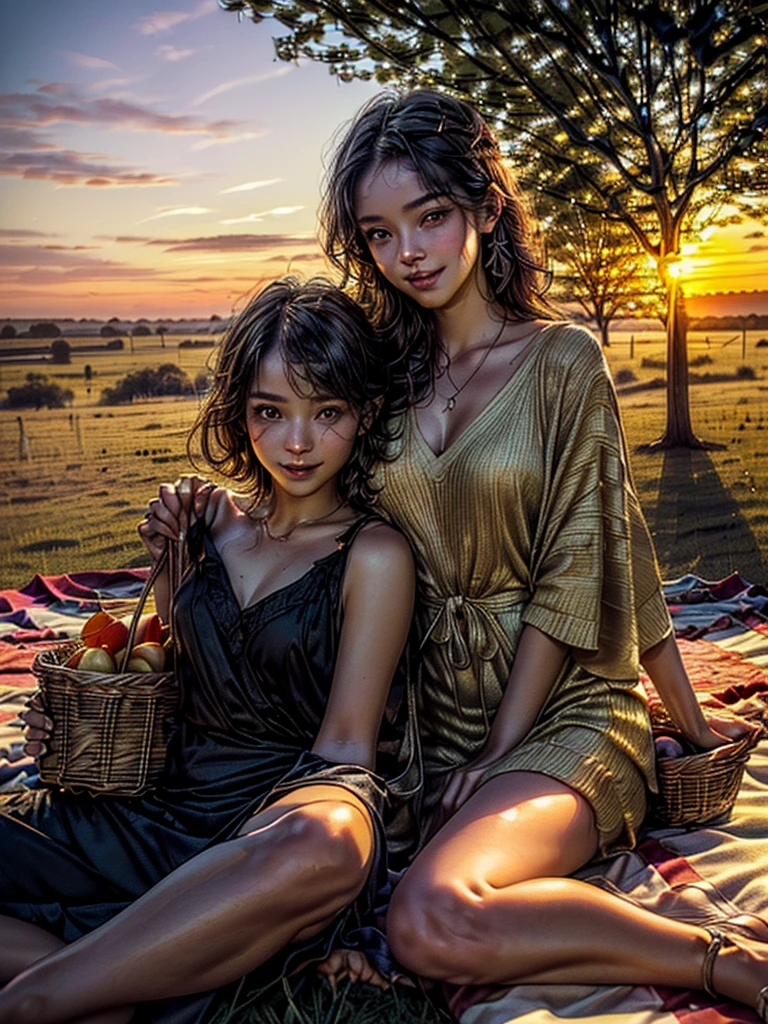 (((two young people, 1 man and 1 woman, heterosexual:1.5)), ((beautiful and happy, picnic, 1 basket with food and drinks on the floor, The young couple sitting on a beautiful and colorful blanket on the grass: 1.5 ))), (hyperdetailed: 1.3), ((country hat style casual clothing, hair ornaments, Complete plan: 1.5)), ((Hermosa mujer con cabello brillante y estilo hyperdetailed: 1.3)), ((sunset background a beautiful landscape behind: 1.3 )))((dream atmosphere, soft and magical light:1.3)), ((Imaginative scene light particles falling from dreamy sky)), ((Meticulously detailed perfect faces and bodies:1.3)), ((plano general: 1.4 ) ) ,((Best Quality) ), ((masterpiece)), 3D, , (((Sunset:1.2))), (photorealistic :1.4), ((Front camera)), (smiling happily), ((cinematic lighting:1.2)),. 32K.