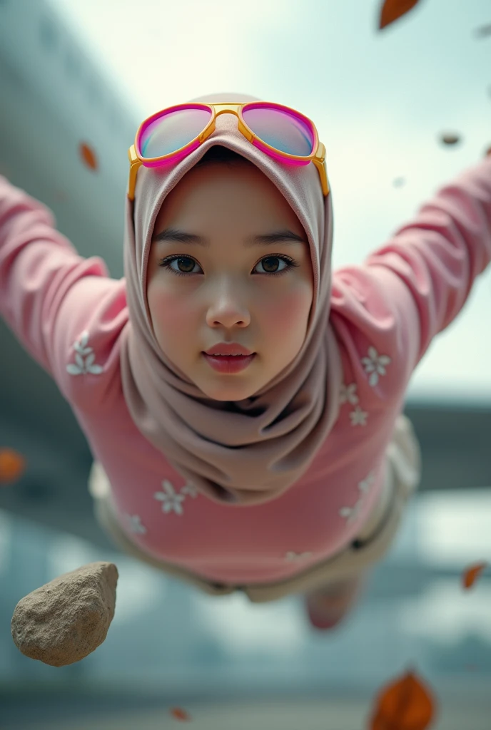 Malaysia women a realistic masterpiece. Human .wear pint watch.. 1girl wearing a hijab, detailed beautiful face, Hijab Muslim. Wear long sleeve moder design pink white pink stripe white. anger face, minimalist flower on shirt. Enger face. Open mouth. Glowing power pink. . Wear pink white.small Safety Pink yellow glasses google spectacle top of the head rubber band. Age 15 year old. Flying position. Fast fly. Panning effect Photography . Jump on and have a super strong power.. punch flying beside big aeroplane . Fight pose. Bokeh background. fist front.. At the city. Bad waether. , detailed lips, long eyelashes. Hero, modest expression, delicate facial features, natural skin tones, , detailed folds and textures of hijab, natural lighting, high quality, photorealistic, 8k, best quality. Malaysia girl. Floating small stone and dry leave. ). Running effect. Glowing yellow power. Runfast effect. Wear blue big glasses big frame. Braces teeth. Boleh background. Panning effect.pink high tech watch. flying high on sky.