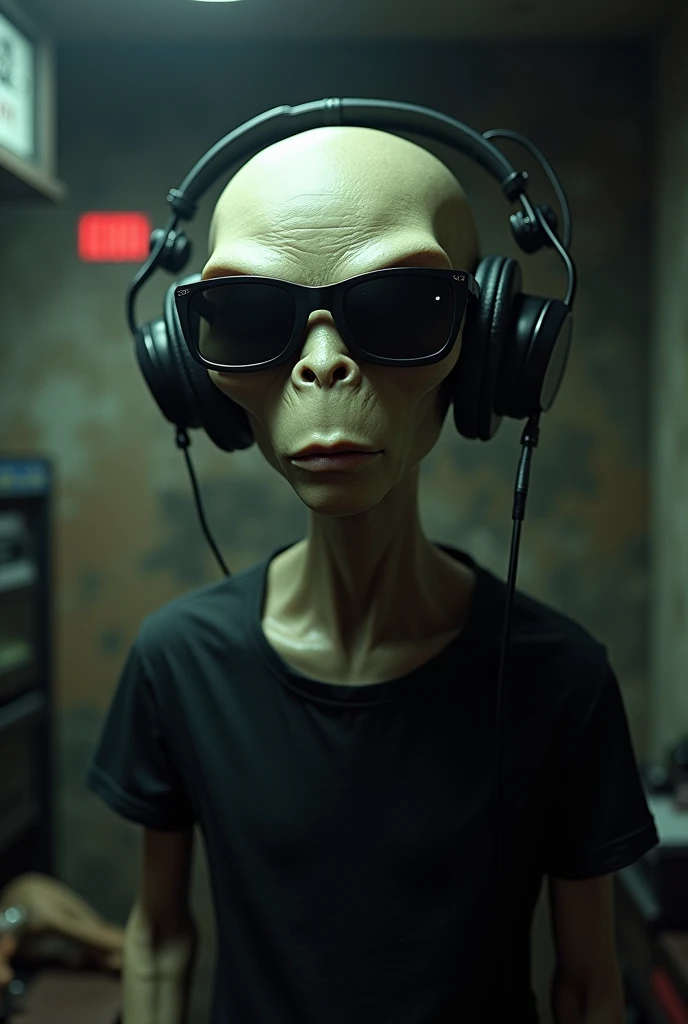 Realistic looking rude alien without a nose with dark glasses and announcer headphones and black shirt facing a spooky radio booth ready to transmit