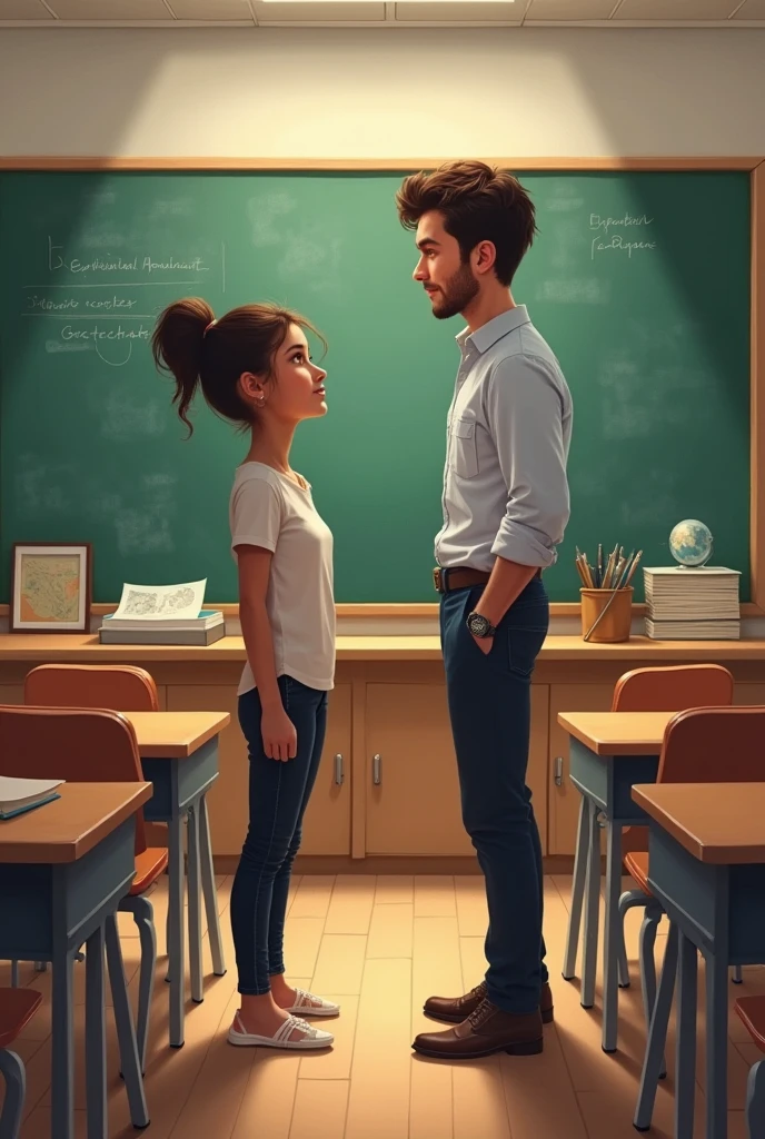 One one teacher and student stand in front class
