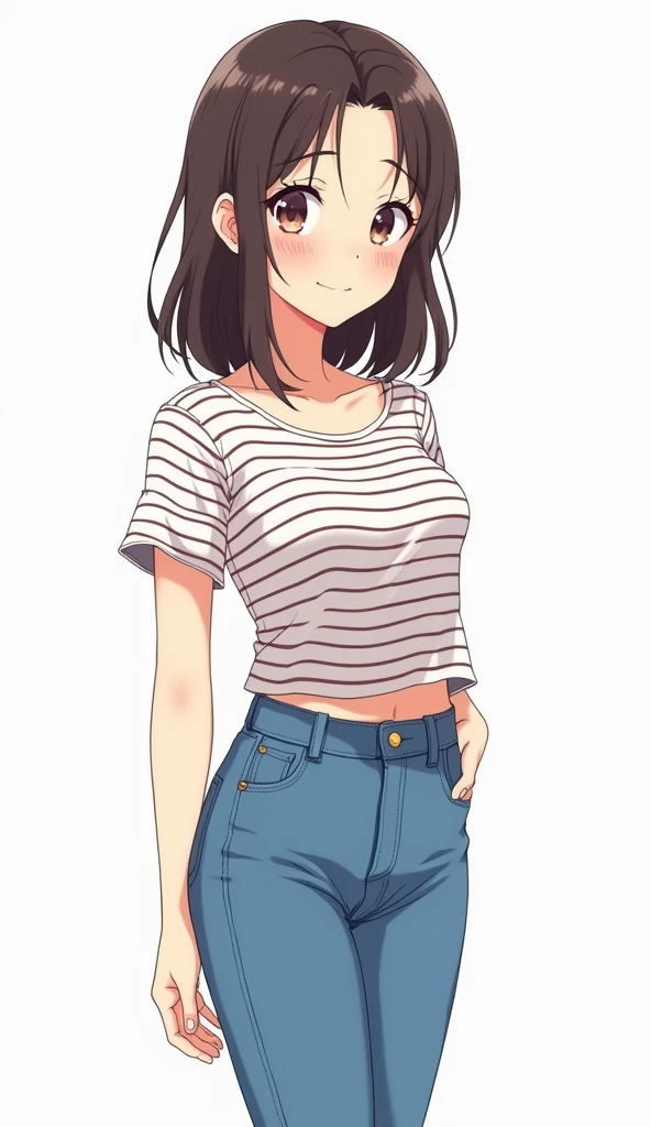 Woman in striped shirt and jeans standing in front of white background, Cute girl anime visual, Detailed anime character art, Beautiful anime portrait, Anime style illustrations, Anime full body illustration, Detailed portrait of anime girl, Clean and detailed anime art, Anime style portrait, Beautiful anime art style, Animated visual of a young woman, Digital Anime Illustration