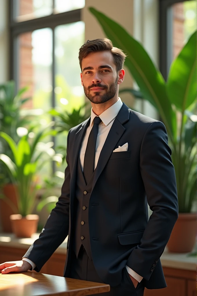 Young man skin tone white light beard standing beside of table wearing formal dress background plants and sunlight