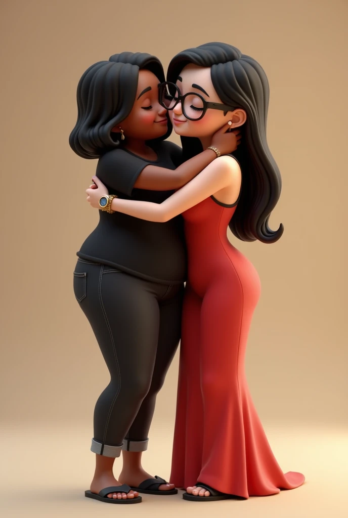 (Photorealism:1.2) disney pixar 3d image, two friends hugging, The first woman, dark-skinned, chubby stature, short hair to the shoulder, In the black color, White color blouse, jeans preto, flip flop, and watch on the wrist; And the other woman, white-skinned, slender stature, hair long black, redgown, black sandal, Eyeglasses, pulseira and watch on the wrist